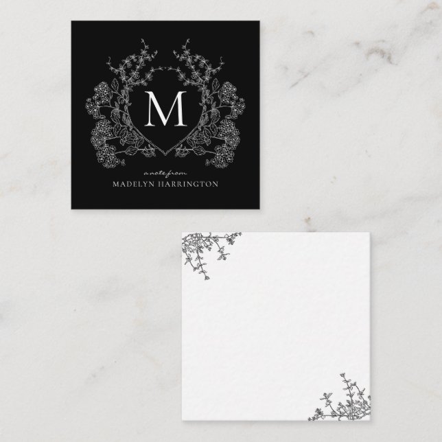 Cartão De Notas Monograma de repouso floral branco e preto moderno (Frente/Verso)
