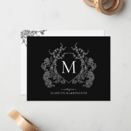 Cartão De Notas Monograma de repouso floral branco e preto moderno