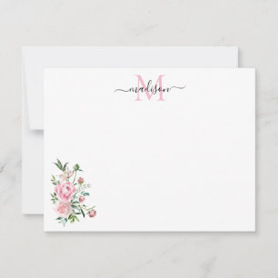 Cartão De Notas Monograma de Rosa de Aquarela Rosa, Blush Moderno