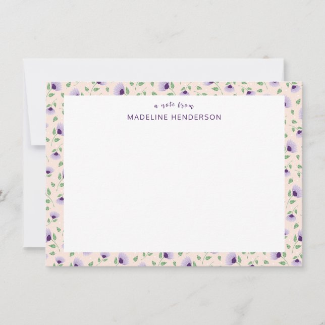 Cartão De Notas Monograma de Rosas claro de girassóis roxas (Frente)