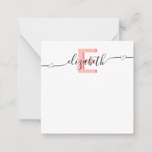 Cartão De Notas Monograma de Script de Coração Rosa Girly