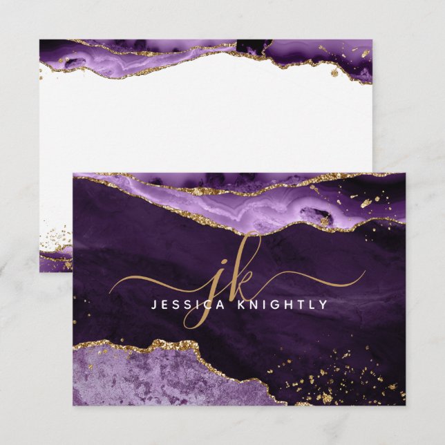 Cartão De Notas Monograma de Script Glitter Dourado de Geodo de Ag (Frente/Verso)