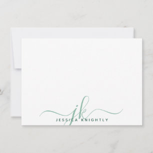 Cartão De Notas Monograma de Script Moderno Inicial Verde Mínimo