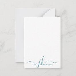 Cartão De Notas Monograma de Script Teal Elegante Inicial Minimali