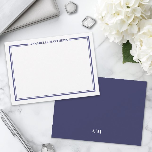 Cartão De Notas Monograma do Nome Minimístico da Borda Azul do mar (Navy Blue Border Minimalist Name Monogram Note Card)
