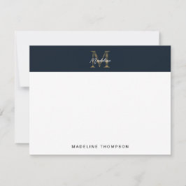Cartão De Notas Monograma Dourado Azul Naval Metálico Script Minim