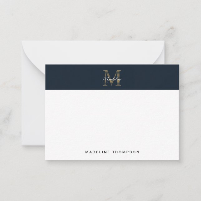 Cartão De Notas Monograma Dourado Azul Naval Script Mínimo (Frente)