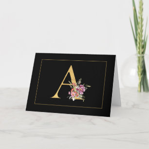 Cartão De Notas Monograma Dourado Elegante A com Flores Rosa