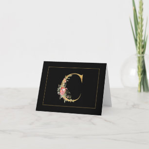 Cartão De Notas Monograma Dourado Elegante C com Flores Rosa