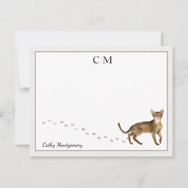 Cartão De Notas Monograma e Nome da Cinza de Gato Abissino (Frente)