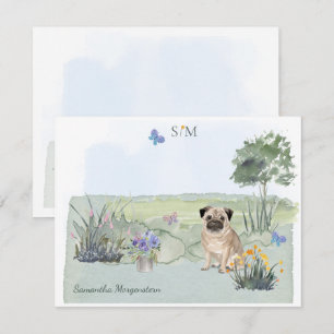 Cartão De Notas Monograma e Nome da Sombra da Borboleta de Pug Cuj