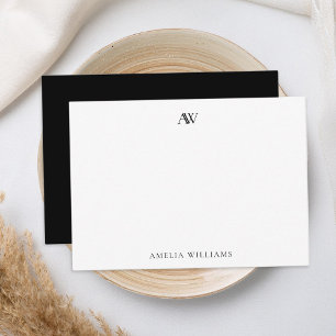 Cartão De Notas Monograma Elegante Branco e Preto Minimalista Mode