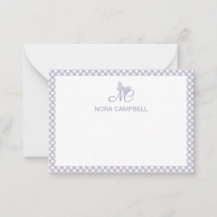 Cartão De Notas Monograma Elegante de Lavanda Gingham Personalizad