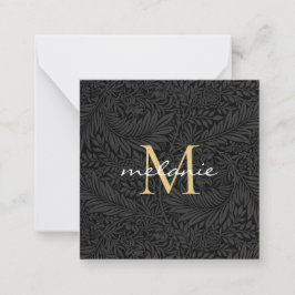 Cartão De Notas Monograma Elegante em Preto e Dourado com Floral e