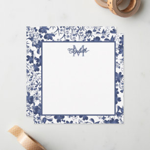 Cartão De Notas Monograma Floral Azul e Cinza