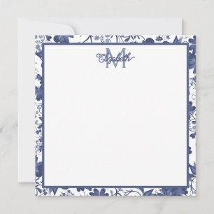 Cartão De Notas Monograma Floral Azul e Cinza