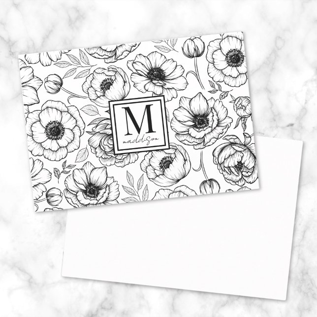 Cartão De Notas Monograma Floral Branco Preto (Black White Floral Monogram Note Card)