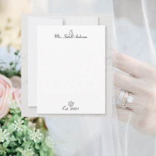 Cartão De Notas Monograma Floral de Cinza Rosa Personalizado 