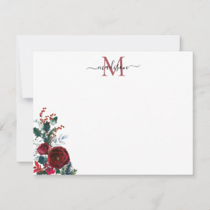 Cartão De Notas Monograma Floral de Natal Rosa Vermelha Bordô Fofa