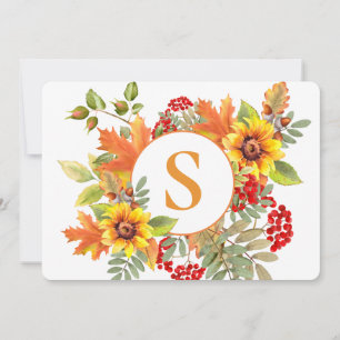 Cartão De Notas Monograma Floral de Outono em Aquarela Elegante