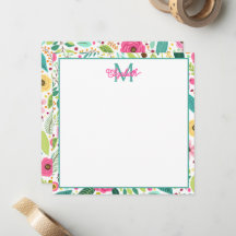 Monograma Floral de Primavera Rosa Amarelo e Turqu
