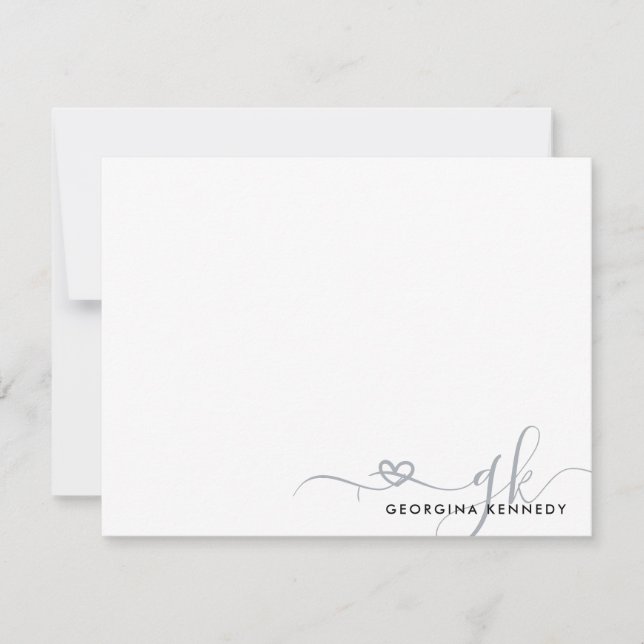 Cartão De Notas Monograma inicial do Elegant Na moda Heart Script  (Frente)