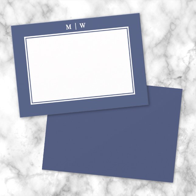Cartão De Notas Monograma minimalista de borda azul marinho dois (Navy Blue Two Border Minimalist Monogram Note Card )