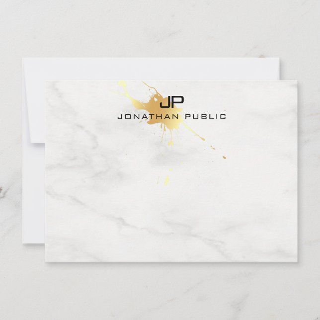 Cartão De Notas Monograma Moderno, Dourado Elegante, Mármore Branc (Frente)
