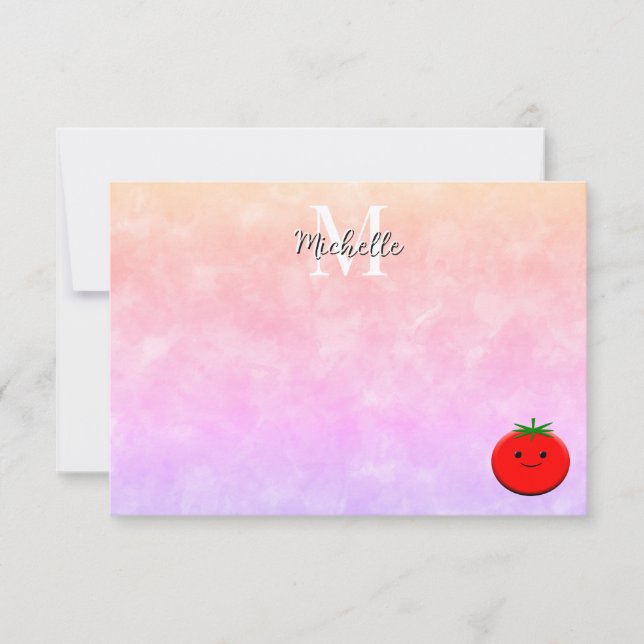 Cartão De Notas Monograma Personalizado de Tomate Fofo em Aquarela (Frente)