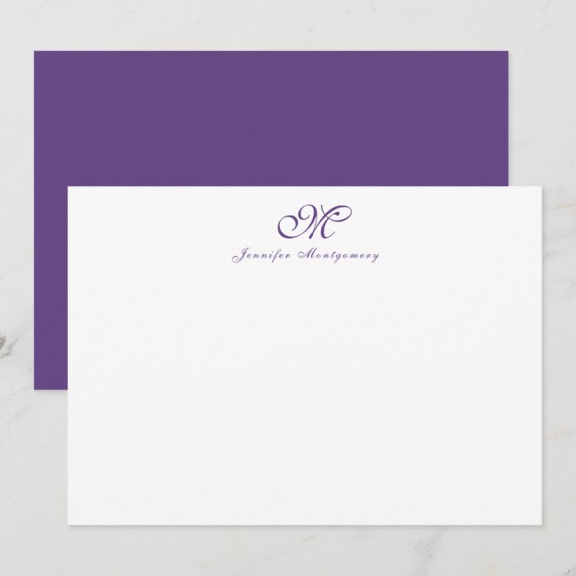 Cartão De Notas Monograma Roxo de Script Girly Chic Elegante (Frente/Verso)