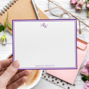Cartão De Notas Monograma Roxo Elegante com Duas Bordas
