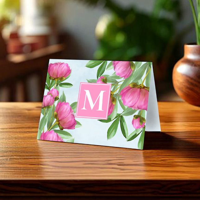 Cartão De Notas Monograma Simples, Cor de Rosa, Frio (Simple monogram pink peonies note card. )