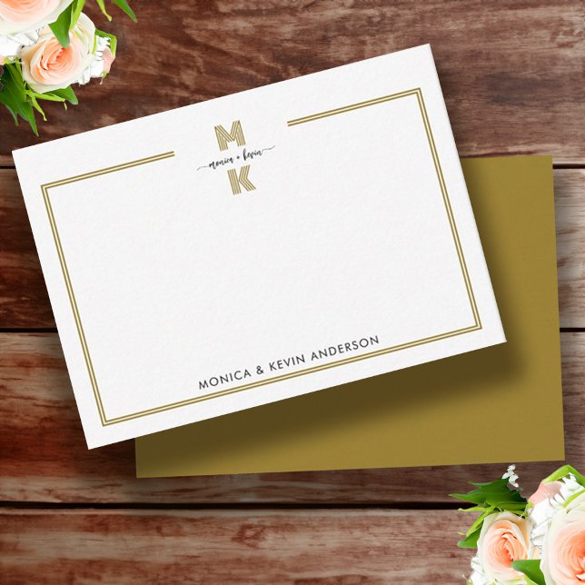 Cartão De Notas Monograma Simples Elegante Dourado preto casal (Wedding Couple Black Gold Elegant Simple Monogram Note Card)