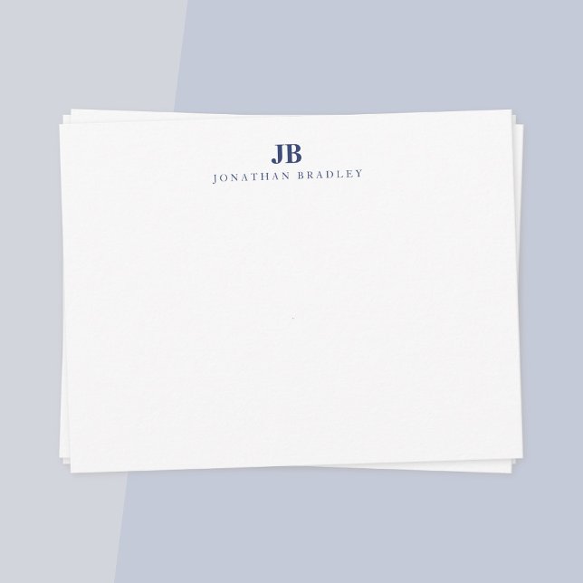 Cartão De Notas Monograma Simples Moderno e marinho Azul (Navy blue simple modern minimalist monogram note card)