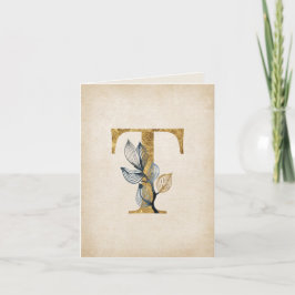 Cartão De Notas Monograma T Dourado e preto com folhas