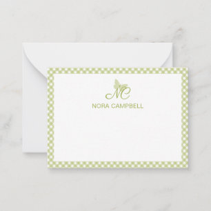 Cartão De Notas Monograma Verde Elegante Personalizado Gingham