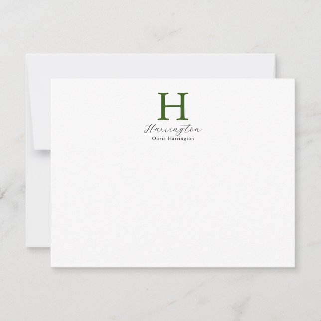 Cartão De Notas Monograma Verde Elegante sofisticado (Frente)