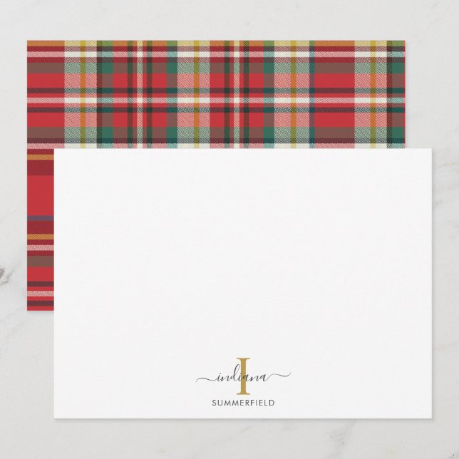 Cartão De Notas Monograma Xadrez Inicial Nome Férias Script Rústic (Frente/Verso)