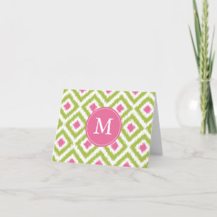Cartão De Notas Monogrammed Green Pink Diamonds Ikat Pattern