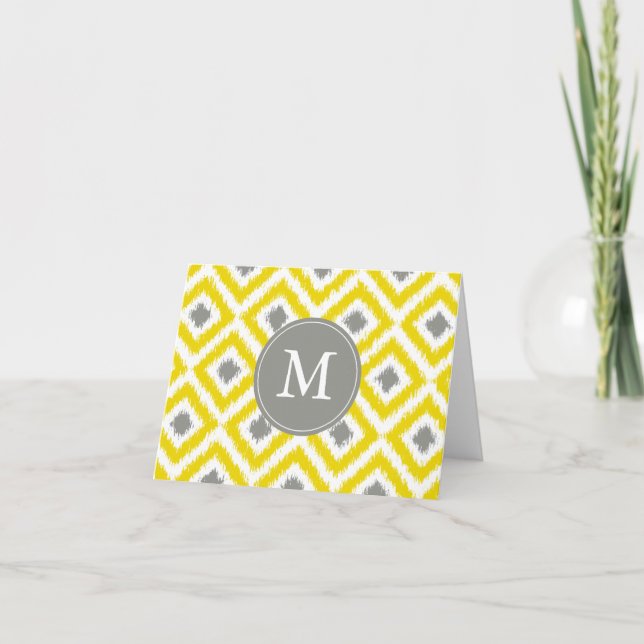 Cartão De Notas Monogrammed Yellow Gray Diamonds Ikat Pattern (Frente)
