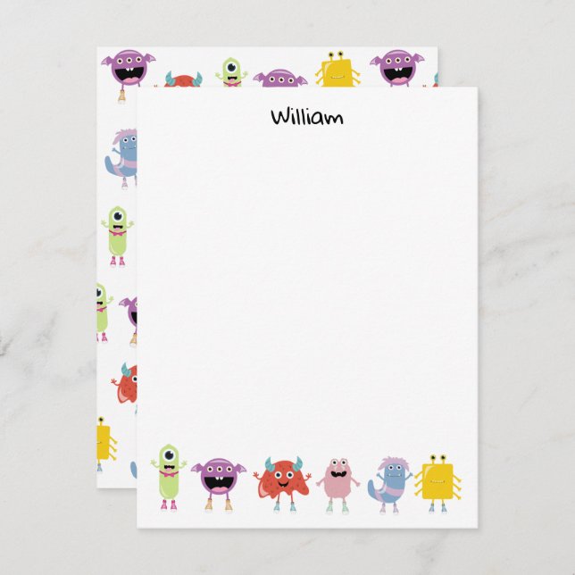 Cartão De Notas Monstros Coloridos Fofos Crianças Divertidas (Frente/Verso)