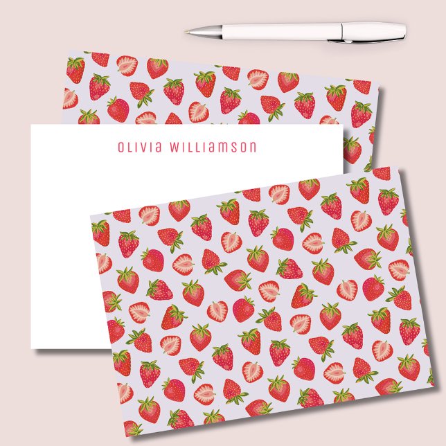 Cartão De Notas Morango cor-de-rosa (Strawberry notecards with personalized name or choice of text to one side. )