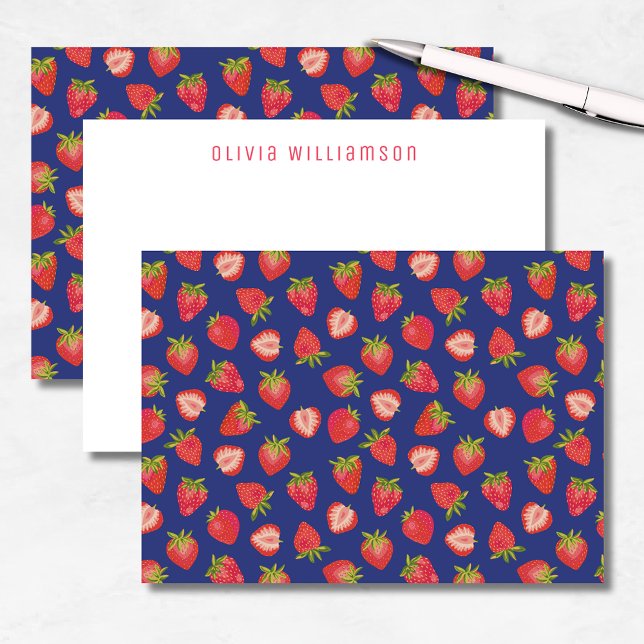 Cartão De Notas Morango Fruta Nome Personalizado (Fun strawberry notecards on blue background. Customize with your own name or choice of text.)