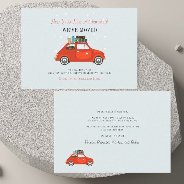 Cartão De Notas Movimentamos Aventuras de Ano Novo Movimento Carro (We've Moved New Year Adventures Red Car Moving Note Card)