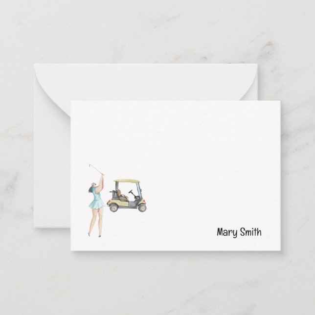Cartão De Notas Mulher de golfe com carrinho de golfe (Frente)