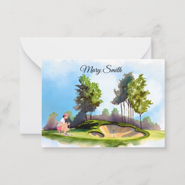Cartão De Notas Mulher de golfe está jogando golfe (Frente)