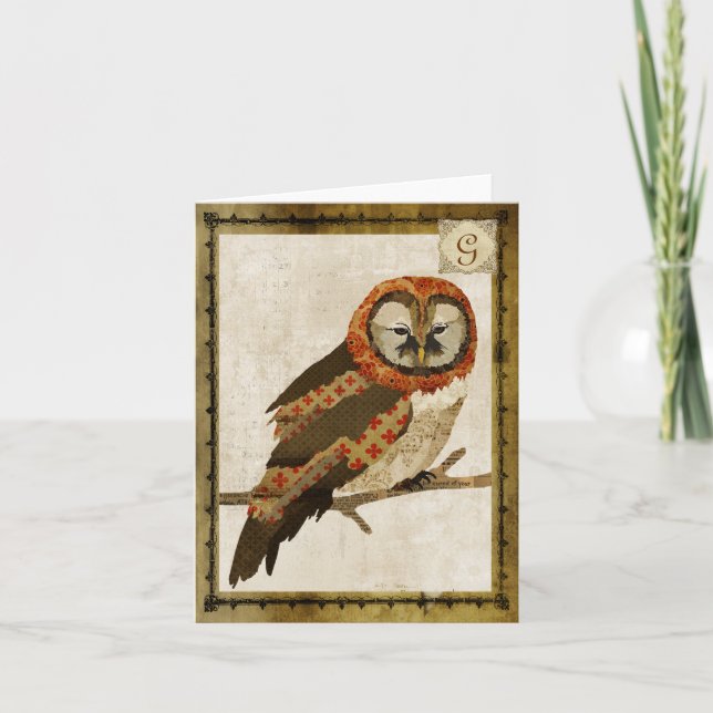 Cartão De Notas Mums Owl Vintage  Monogram Notecard (Frente)