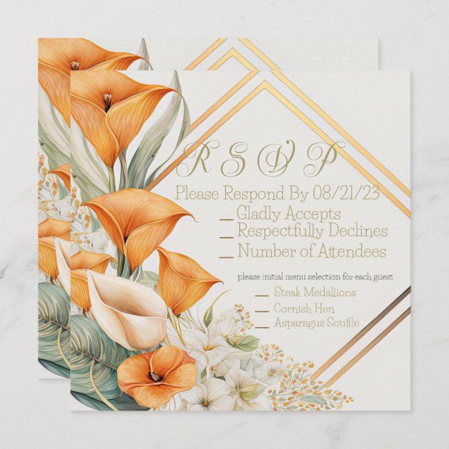 Cartão De Notas Na moda Modern Orange and Ivory Calla Lily RSVP (Frente/Verso)