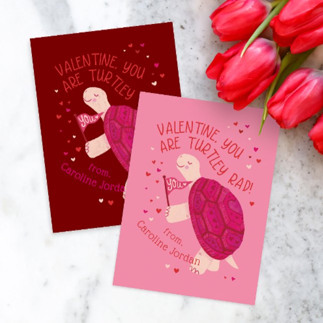 Cartão De Notas Namorados Rosa Turtle y Rad School Classroom (Rad Turtle themed classroom valentine cards in pink or red)