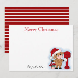 Cartão De Notas Natal com Monograma Férias Fofo Vaca Personalizado